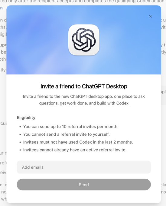 CampbellKaleb23's tweet photo. What is the point of this now? I have invited 8 friends and they all show accepted in my "Invite a Friend" tab, but I have received 0 resets or anything of the such.

Anyone know what is going on with this and/or if we will ever get a reset for referring a friend?

@OpenAI @OpenAIDevs