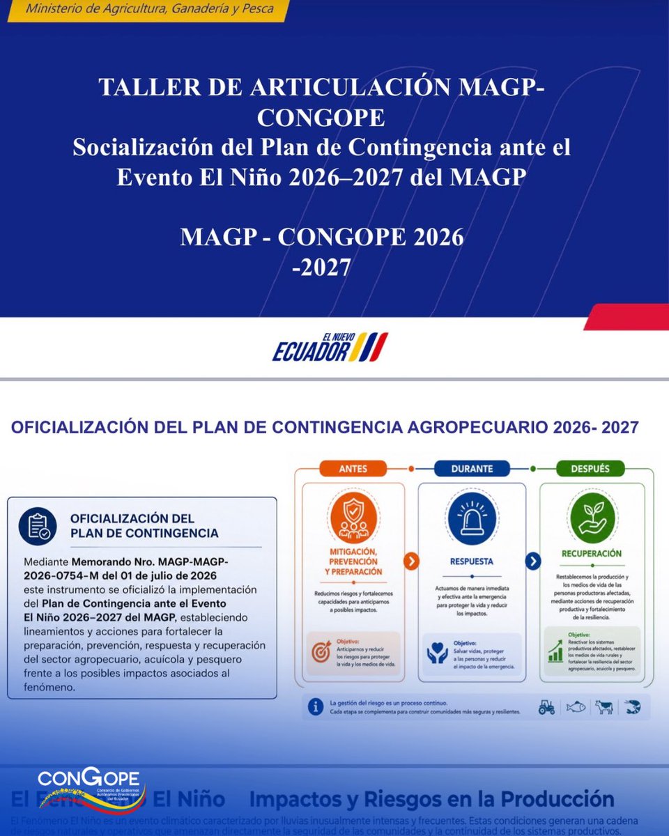 congope_ec's tweet photo. La prevención y la planificación son clave para proteger nuestros territorios.🤝 
Junto al MAGP y los GAD provinciales, articulamos acciones para la socialización del Plan de Contingencia ante el Fenómeno El Niño 2026-2027, fortaleciendo la respuesta frente a posibles impactos en los sectores agropecuario, acuícola y pesquero.
#CONGOPE #ElNiño20262027 #GestiónDeRiesgos #MAGP #GADProvinciales