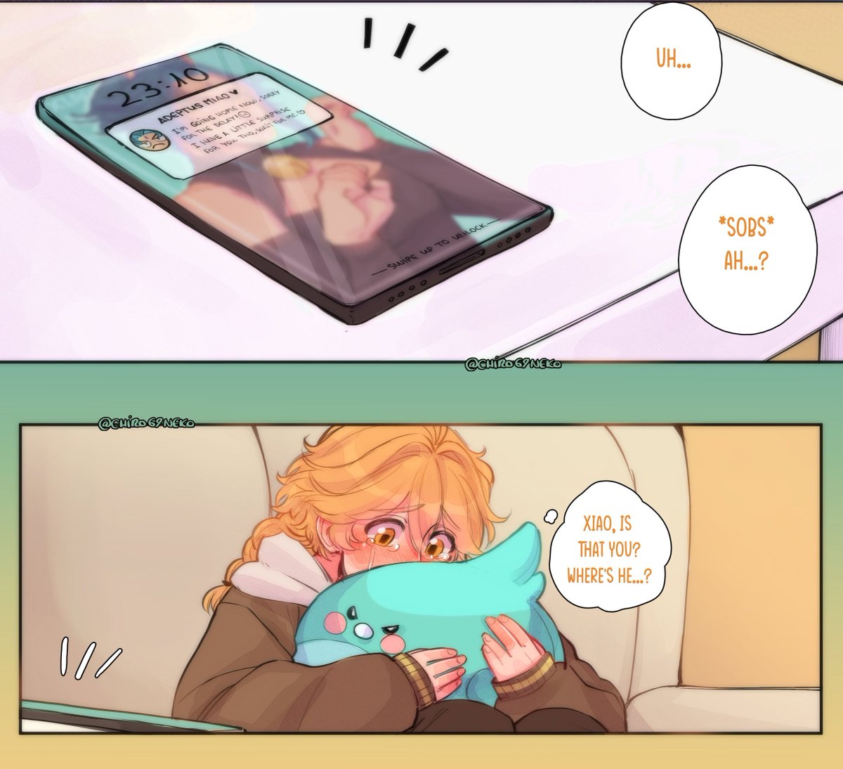 chirowoneko's tweet photo. "I'm sorry..." 💜 #Xiaotherney    
Modern AU Comic 4/6   

#Xiao #Lyney #Aether #GenshinImpact https://t.co/2S0md5NwJN