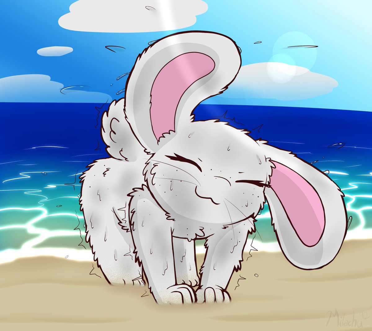 Milachu92's tweet photo. She shakes herself dry and starts making friends immediately. Her size doesn't stop her from enjoying a fun day at the beach! Wait, does she even need sunblock? (re-ups) https://t.co/P1z86Hbz9X