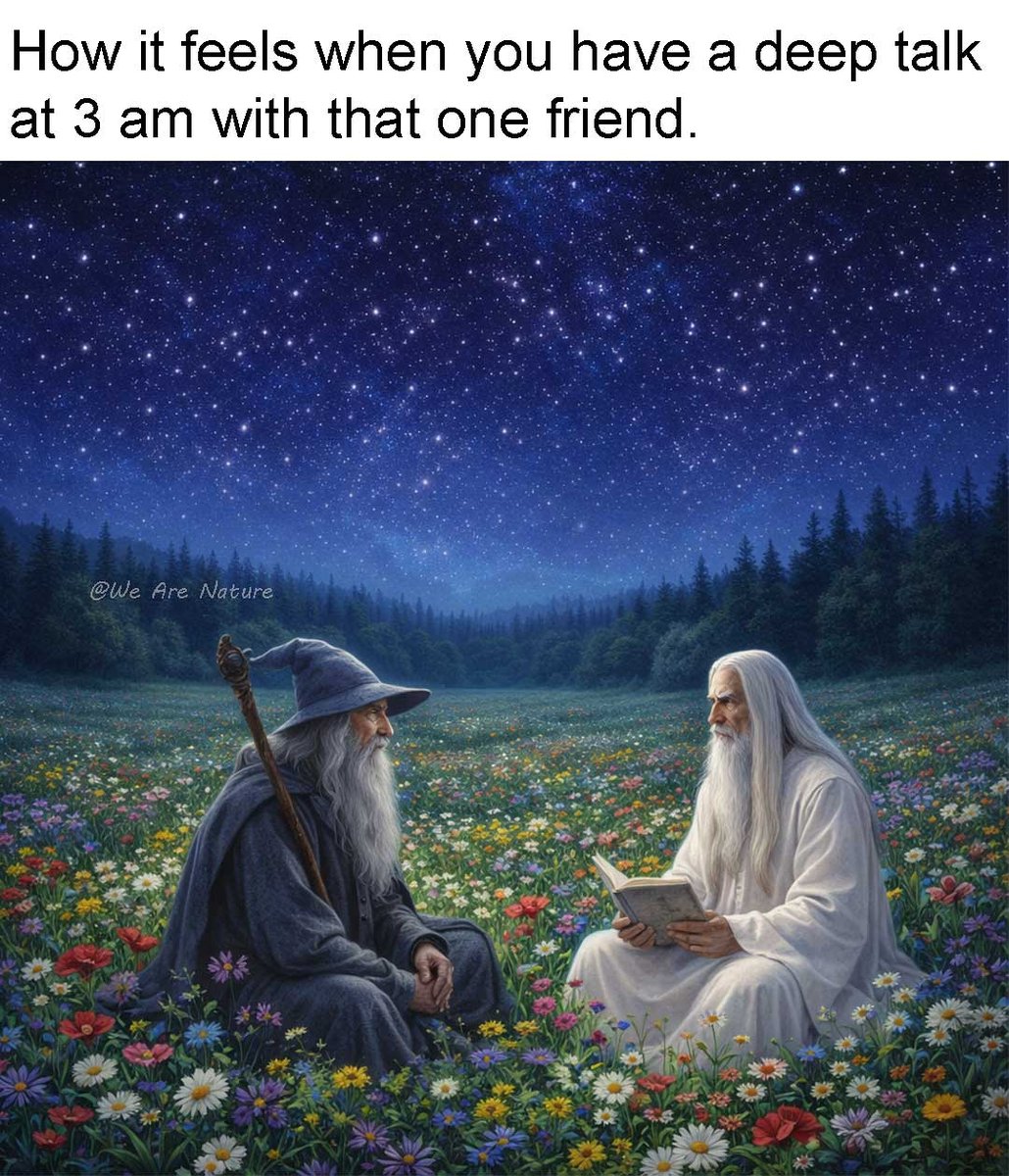 WeAreNatur3's tweet photo. Late night talks with your person really do feel this serene. 😌
#meme #memes #nature #naturememes #naturememe #friend #friends #2am #3am #WeAreNature #talk https://t.co/qgOvxpwOhf