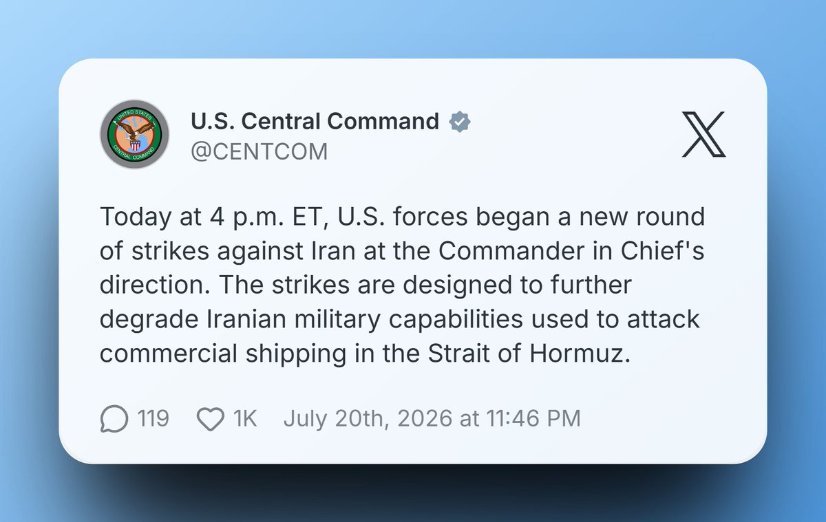 PressTV's tweet photo. 🔴 CENTCOM announces new wave of strikes on Iran

Follow: https://t.co/mLGcUTS2ei https://t.co/J8xdLsgO38