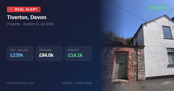 propertydealfin's tweet photo. 🏠 DEAL ALERT | Tiverton, Devon
💰 Guide: £145k | Est. Value: £239k
🔨 Refurb: £84.0k | Profit: £10.2k (4% ROI)
⚡ 39% below market value
View → https://t.co/4tJAtIbSwW
#UKProperty #PropertyInvestor #AuctionDeals #PassiveIncome #FinancialFreedom #WealthBuilding https://t.co/3TfERdWHNk