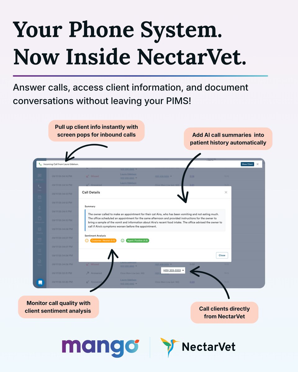 mangovoice's tweet photo. Mango Voice now integrates with @nectarvet, bringing smarter communication directly into your practice management workflow.

Learn more about how Mango Voice and NectarVet are helping veterinary practices work smarter at https://t.co/D8gvANXxty https://t.co/GgJaJDzmgI