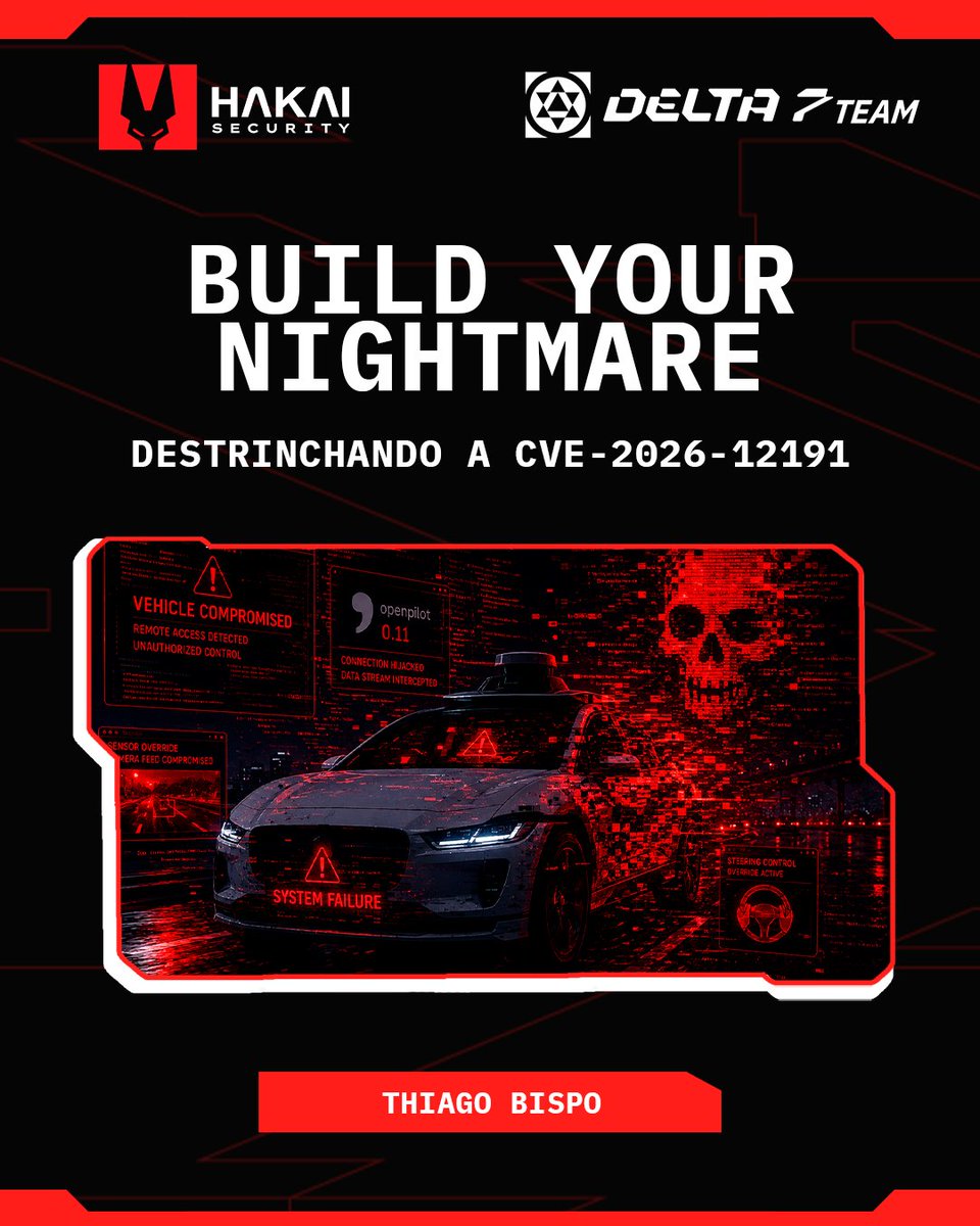HakaiOffsec's tweet photo. O seu carro autônomo pode ser o alvo de hackers? Conheça a CVE-2026-12191!

A equipe de pesquisas Yokai da Hakai publicou uma pesquisa alarmante que destrincha uma vulnerabilidade crítica no openpilot, um ecossistema de assistência à direção adotado em mais de 275 modelos de veículos.

A pesquisa revelou uma falha grave de desserialização insegura devido ao uso de um módulo inerentemente inseguro do Python, o pickle. Essa brecha permite que um atacante obtenha Execução Remota de Código (RCE) com privilégios de root no sistema.

Qual o impacto real disso? Na prática, abre-se uma porta dos fundos que permite o controle físico completo do automóvel, incluindo freios, aceleração e direção, o que pode causar acidentes intencionais.

Além disso, o invasor pode utilizar as câmeras, o microfone e o GPS do veículo para espionagem, ou até mesmo comprometer o canal de atualizações do fabricante em um ataque de Supply Chain, afetando simultaneamente dezenas de carros. E para mitigar esse cenário crítico é importante realizar a substituição do módulo pickle por formatos seguros.

Leia o artigo completo "Build Your Nightmare" para entender a fundo a cadeia de ataque e ver como funciona a Prova de Conceito (PoC) em detalhes.

Confira o artigo:
PT: https://t.co/5kcx6xWgg2
EN: https://t.co/NRFibxlFDp

Depois de ler, quer colocar o seu conhecimento em prática? Acesse a plataforma Hacking Club e teste suas habilidades em cibersegurança resolvendo o desafio Pilot, que simula exatamente a exploração desta vulnerabilidade! 

Acesse pelo link https://t.co/5EG8Nt42vq
