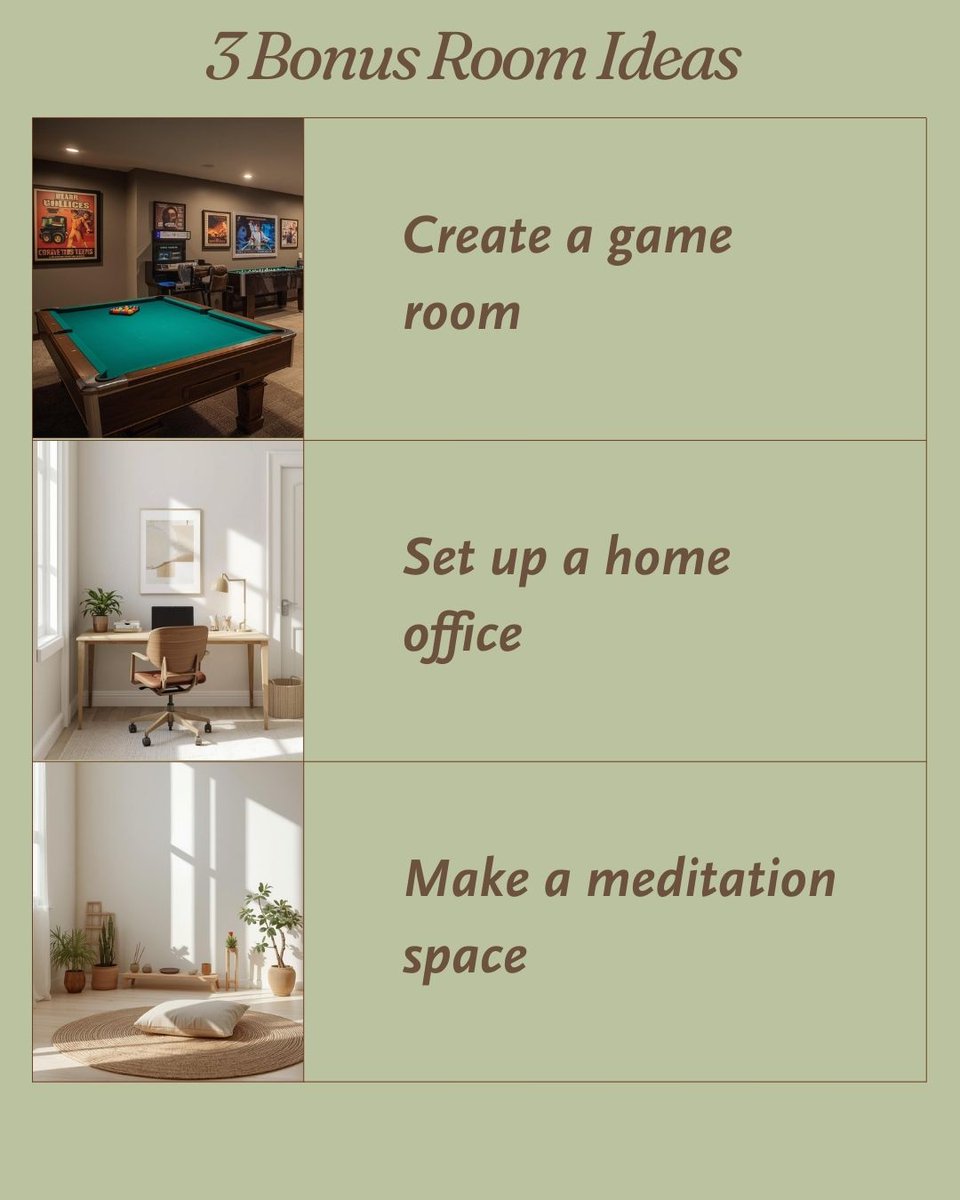 SandraAnchor's tweet photo. Not sure what to do with that extra room? Check out these bonus rooms ideas:

1. Create a game room.
2. Set up a home office.
3. Make a meditation space.

How would you use a bonus room? Tell us in the comments! 💭

#bonusroom #decor #decorating #interiordesign https://t.co/0ftlcvCTuO