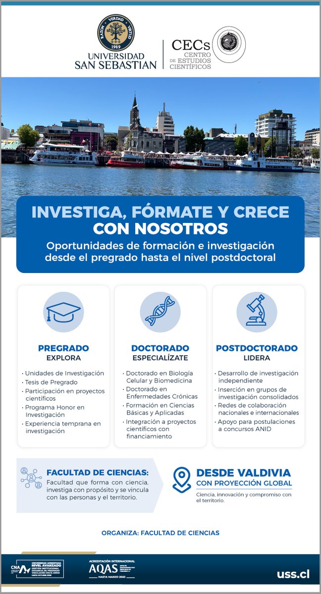VRID_USS's tweet photo. 🔬¿Te interesa desarrollar una carrera en investigación? En la @USanSebastian existen oportunidades de formación científica desde el #Pregrado hasta el #Postdoctorado, junto a la Facultad de Ciencias y el @CECs_cl
🧬Explora🎓Especialízate🔬Lidera
📍Desde Valdivia https://t.co/Q9fH9abc9q