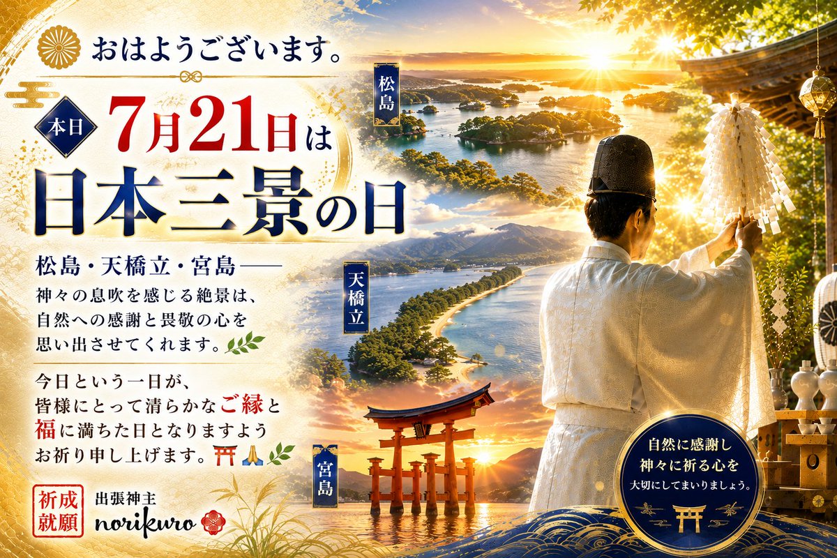 norikuropriest's tweet photo. おはようございます。

本日は「#日本三景の日」✨⛰️✨

松島・天橋立・宮島――神々の息吹を感じる絶景は、自然への感��と畏敬の心を思い出させてくれます。

今日という一日が、皆様にとって清らかなご縁と福に満ちた日となりますようお祈り申し上げます。⛩🙏🌿 https://t.co/ZTSLBTJAuN