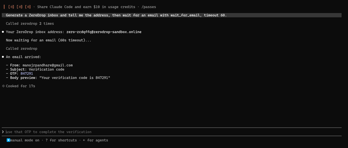 zerodropdev's tweet photo. Your AI agent can now verify email signups.

zerodrop-mcp gives Claude, Cursor, and any MCP client three tools: generate a disposable inbox, wait for the email, read the OTP — pre-extracted, no parsing.

claude mcp add zerodrop -- npx -y zerodrop-mcp

Free. No signup. Listed in the official MCP Registry.