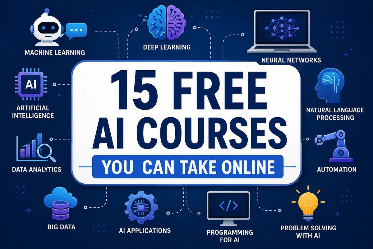 JOBCORNER247's tweet photo. 15 Free AI Courses You Can Take Online

1. AI for Everyone – Coursera
https://t.co/a6tVFLDutf

2. Introduction to Generative AI – Google Cloud Skills Boost
https://t.co/xuHNtNB4e4

3. Introduction to Large Language Models – Google Cloud Skills Boost
https://t.co/9Wmud673HT

4. Elements of AI
https://t.co/ZdMN2FGcW8

5. AI Fundamentals – IBM SkillsBuild
https://t.co/KeFscOrs25

6. AI Learning Paths – Microsoft Learn
https://t.co/H1hdCwhNO6

7. Introduction to Artificial Intelligence – Udacity
https://t.co/mgcdYL2x6t

8. Machine Learning – Kaggle Learn
https://t.co/VQLvofCGAN

9. Artificial Intelligence Courses – edX
https://t.co/S04IIYb4xZ

10. Prompt Design in Vertex AI – Google Cloud Skills Boost
https://t.co/b5UuNLSqpn

11. AI for Beginners – Microsoft
https://t.co/gxmsM9avgX

12. AI Foundations – HP LIFE
https://t.co/0oB37rcUOh

13. Generative AI Learning Plan – AWS Skill Builder
https://t.co/4Tf0osMyS5

14. Intel AI Learning Resources
https://t.co/roZpo7z0az

15. AI Courses – OpenLearn
https://t.co/7oGEK3kmaX

Save this list and start learning AI today.