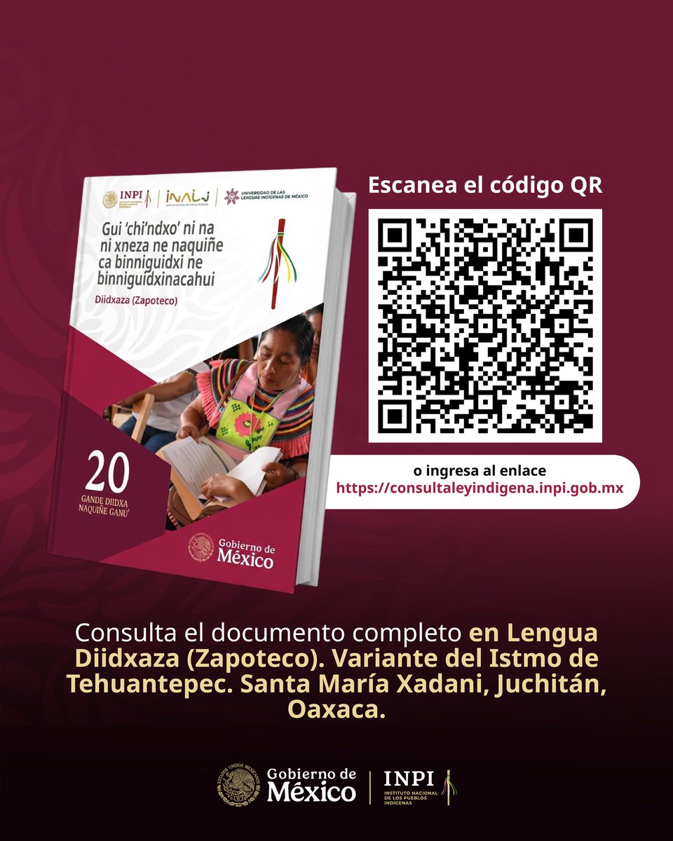 INPImx's tweet photo. Ponemos a disposición los 20 puntos esenciales de la Propuesta de Iniciativa de Ley General de Derechos de los Pueblos Indígenas y Afromexicanos en Diidxaza (zapoteco), variante del Istmo de Tehuantepec, de Santa María Xadani, Juchitán, Oaxaca, para que la información llegue a las comunidades en su propia lengua y fortalezca su participación en el proceso de consulta.

📖 Consulta el documento y conoce las sedes, fechas y materiales de la consulta en:
https://t.co/WrrAPc5WlB

#ConsultaLeyIndígena
