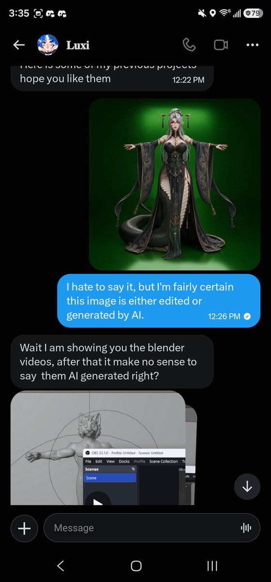 eleSeeker's tweet photo. When I was browsing for an avi maker, the "maker" @_Luxiii__ reached out to my DMs themselves to promote their services. After showing their work, I called out a quality difference between two pieces and commented on potential AI use.

They then blocked me. Please share around! https://t.co/1U4TV1S24l