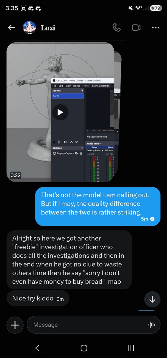 eleSeeker's tweet photo. When I was browsing for an avi maker, the "maker" @_Luxiii__ reached out to my DMs themselves to promote their services. After showing their work, I called out a quality difference between two pieces and commented on potential AI use.

They then blocked me. Please share around! https://t.co/1U4TV1S24l