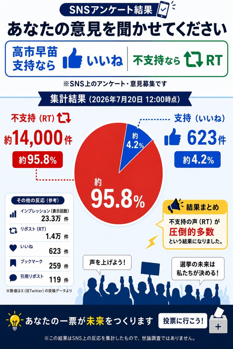 akk_ksd's tweet photo. @takaichi_sanae 高市早苗首相を支持するかについて、SNS上で約1万5千件の反応を集計したアンケート結果です。

支持（いいね）：623件（約4.2％）
不支持（RT）：約1万4千件（約95.8％）

↓↓画像をお借りしました。 https://t.co/eNyJd4gNI9