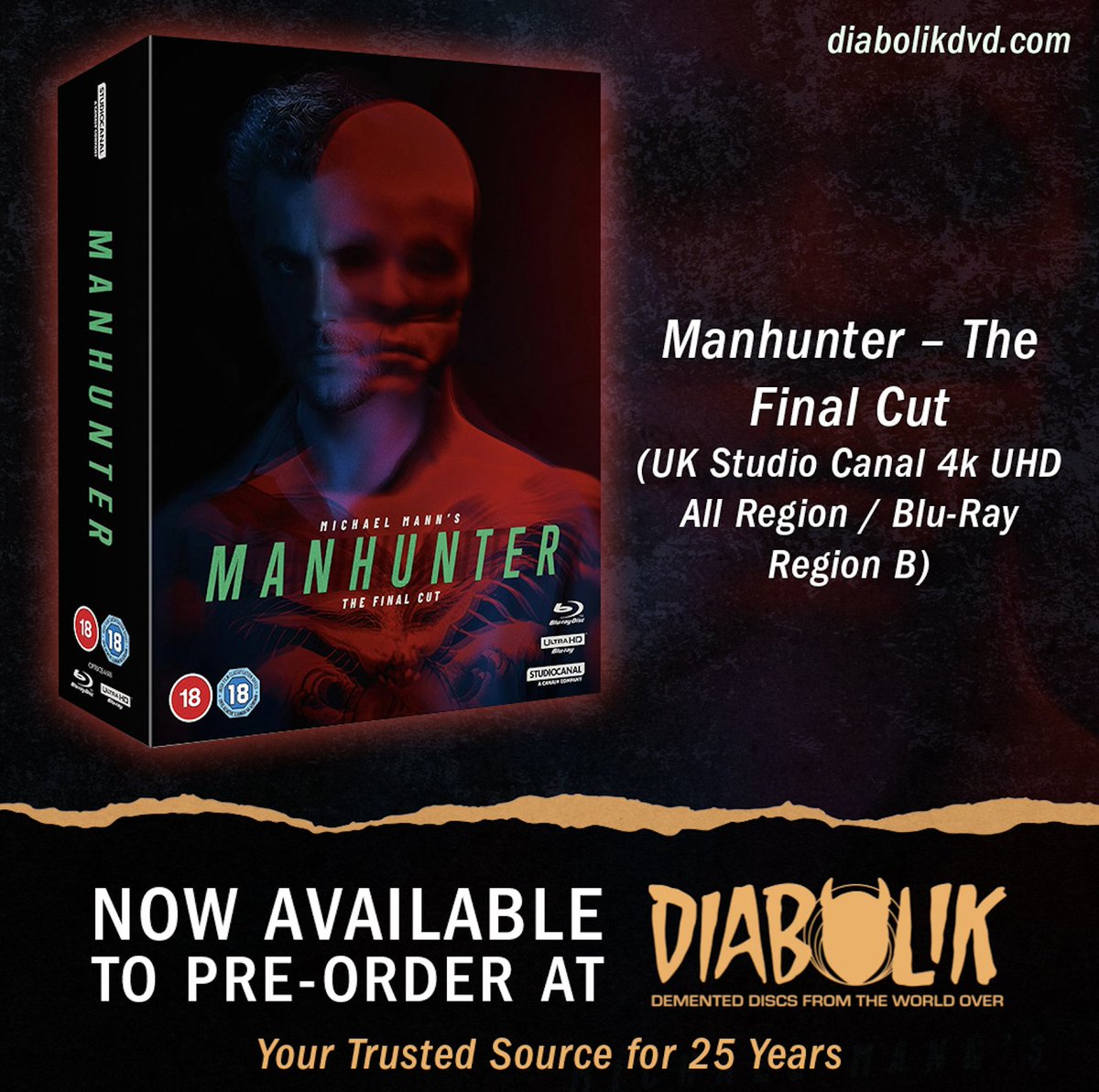 diabolikdvd's tweet photo. NOW AVAILABLE to pre-order: Manhunter – The Final Cut (UK Studio Canal 4k UHD All Region / Blu-Ray Region B)

https://t.co/2GMeae0Gxl

#manhunter #physicalmediaadvocates #diabolikdvd #michaelmann https://t.co/LsrOj867bS