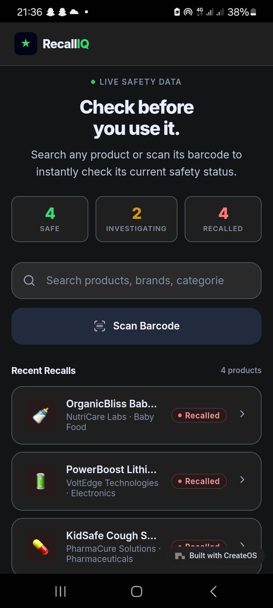 jemmyboot's tweet photo. People make purchases without knowing if a product has been tagged safe for use or is being recalled.
I built RecallQ using @createos to help customers scan products to see if they're safe.

Link to build: https://t.co/CRHhcmh8I6
#builditnow
@BuildOnNodeOps https://t.co/1Yp35hVex3