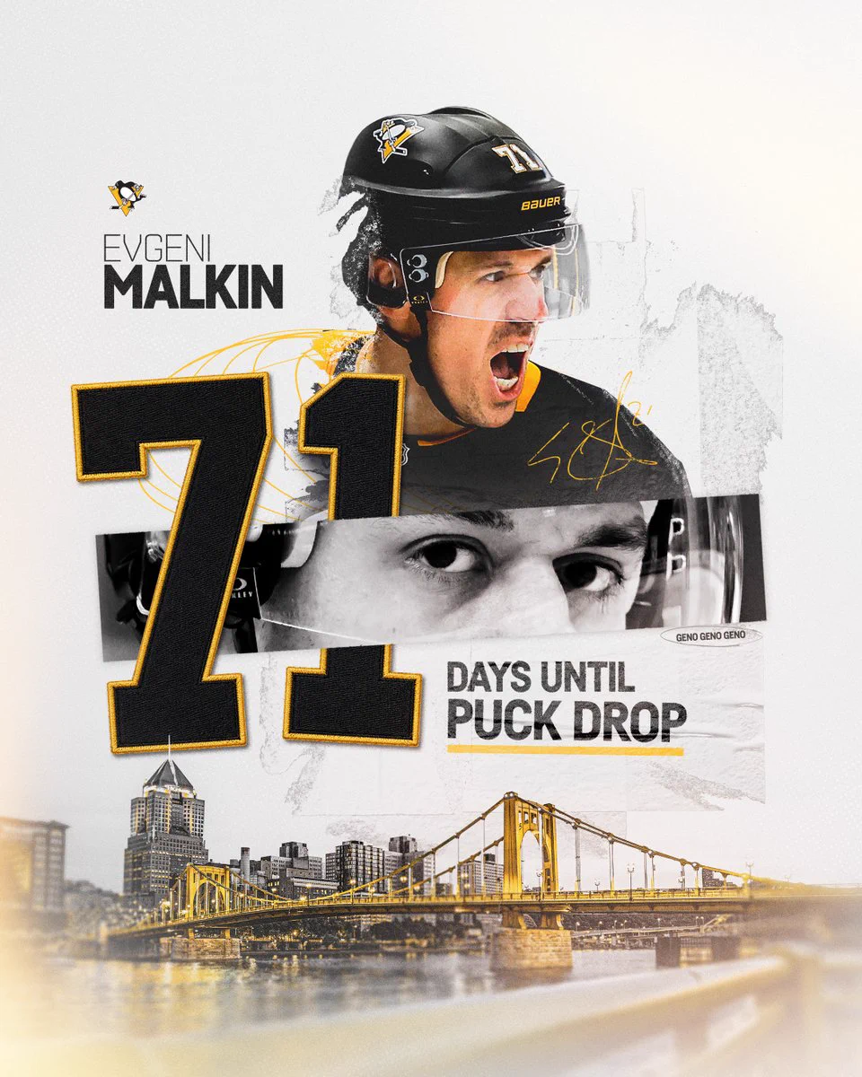Graphic that reads "71 days until puck drop" with photos of Evgeni Malkin and the Pittsburgh skyline. 