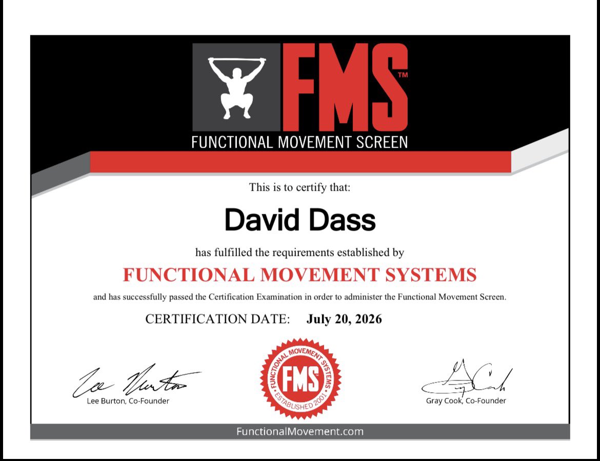 daviddassgolf's tweet photo. Another step forward in helping golfers move and play at their best. I’m pleased to announce that I am Functional Movement Systems (FMS) Certified, giving me another tool to identify movement limitations, improve mobility and stability, and build more efficient, powerful golf swings. Better movement. Better performance. Better golf.
