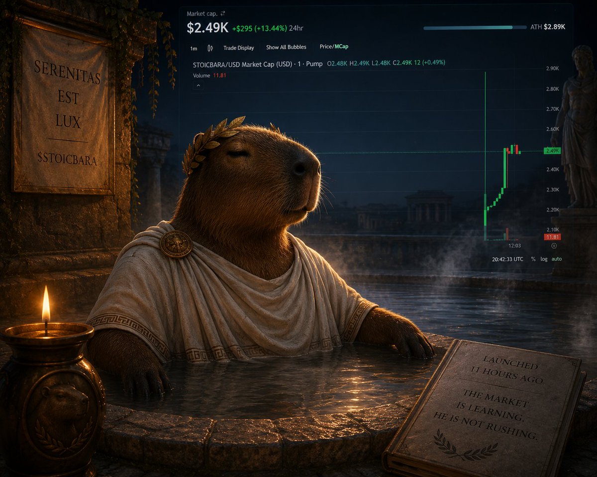CapybaraStoic's tweet photo. 11 hours since launch.

The chart is quiet.   Volume is low.   Some are already nervous.
But the capybara?
Still sitting in the same hot spring.

He didn’t expect a rocket in the first hours.   He didn’t expect anything at all.

The water was warm at hour 1.   It’s still warm at hour 11.

Real projects aren’t built in the first 11 hours.
They are built in the first 11 months of patience. 🧘

$STOICBARA