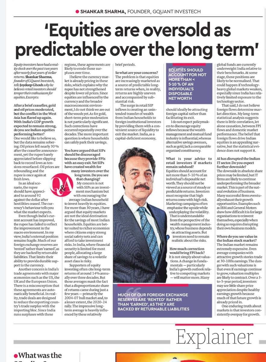 AlphaWizarDD's tweet photo. Shankar Sharma isn't against SIPs. He's against households treating equities as their main savings vehicle.

His point: the 14% long-term average return everyone quotes is misleading. Most of it came from just two windows — 2004-07 and 2020-24. Outside those years, returns were far less predictable.