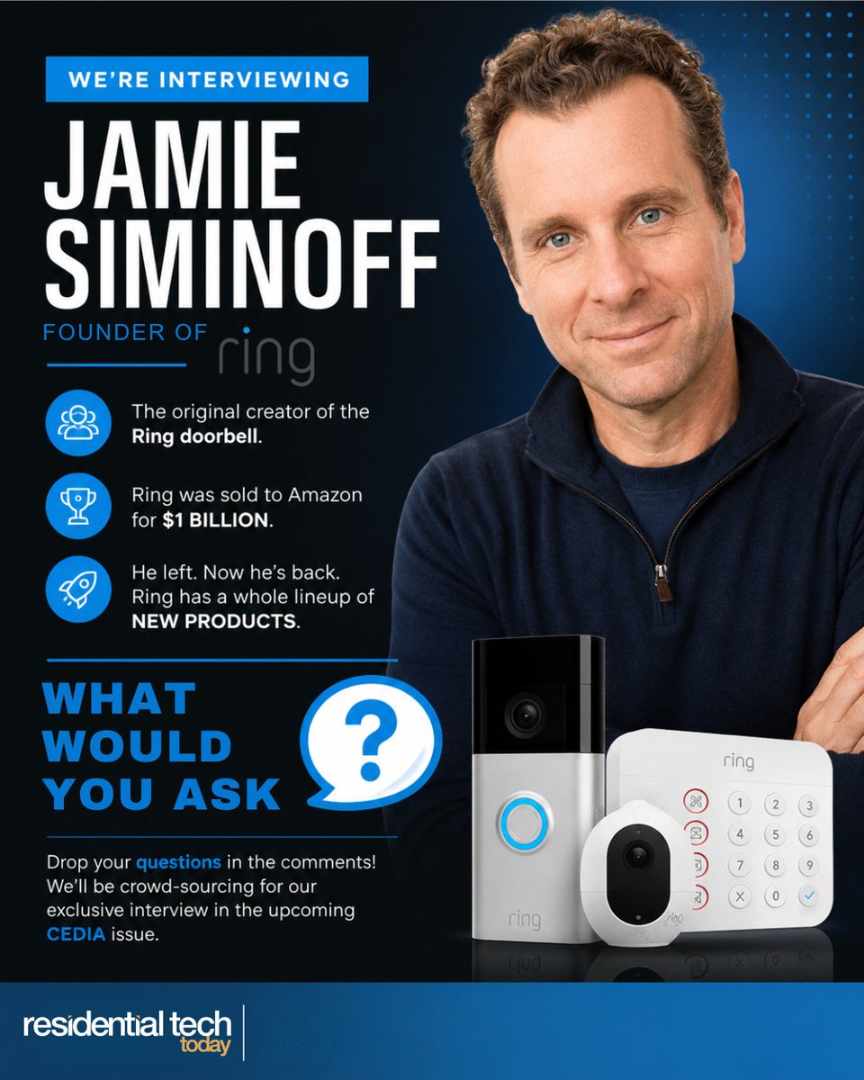 ResTechToday's tweet photo. We're sitting down with @ring founder Jamie Siminoff, the original creator behind the video doorbell that changed home security.
What would you ask? Drop your questions below and yours could be featured in our interview for the upcoming @CEDIA issue.
#CEDIA #HomeSecurity #Tech https://t.co/JyCTqeAPMN