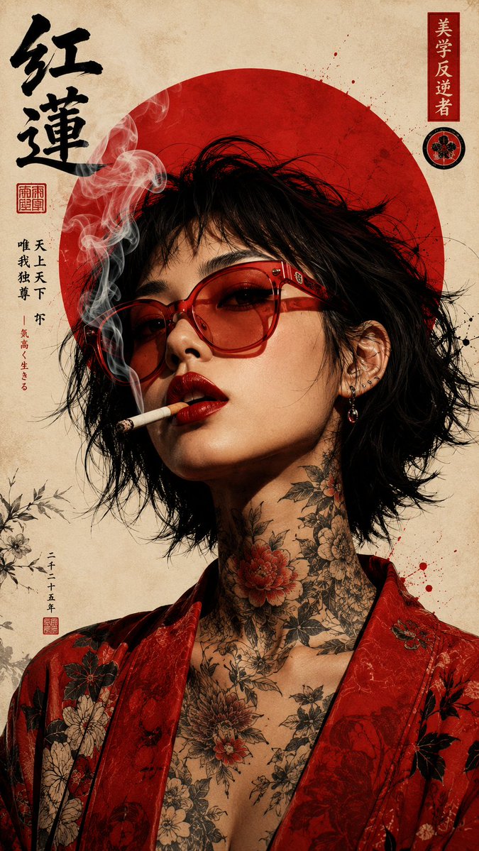 sophiasworld_17's tweet photo. Rebellious elegance in Japanese retro style — red accents, floral tattoos, and an uncompromising presence blending tradition with street art. 🔴🖤
#JapaneseArt #TattooArt #Irezumi #NeoTraditional #RetroPoste https://t.co/fIlpR6vbo9