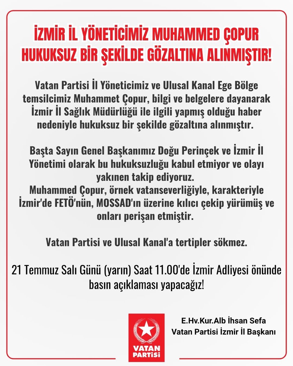 vp_izmir's tweet photo. İzmir İl Yöneticimiz Muhammed Çopur Hukuksuz Bir Şekilde Gözaltına Alınmıştır! https://t.co/k7ifPvjnGw