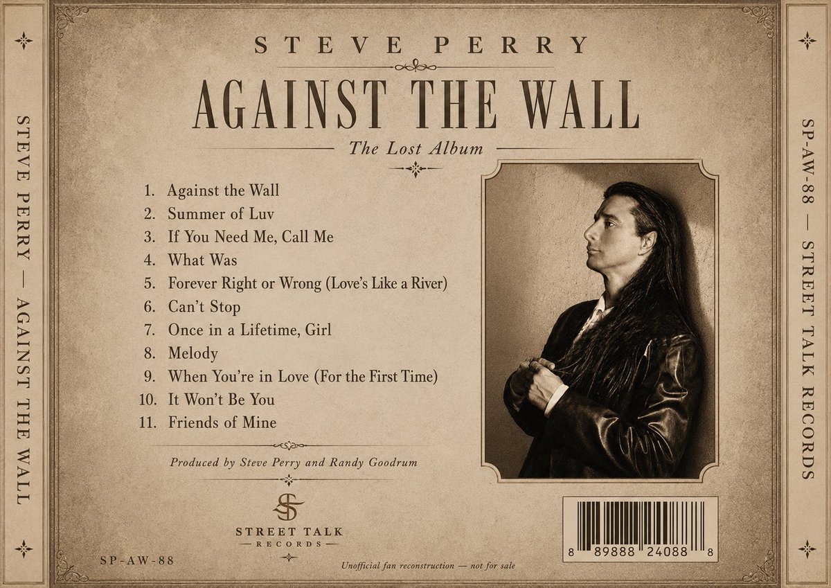 tigranhaas's tweet photo. Let’s hope this great Steve Perry (2nd solo) album produced with Randy Goodrum ”AGAINST THE WALL” sees the day of light one day ⭐️ (images are just for imaginary purposes only) #steveperry #randygoodrum #againstthewall #streettalk #journey https://t.co/c9U690h4kp