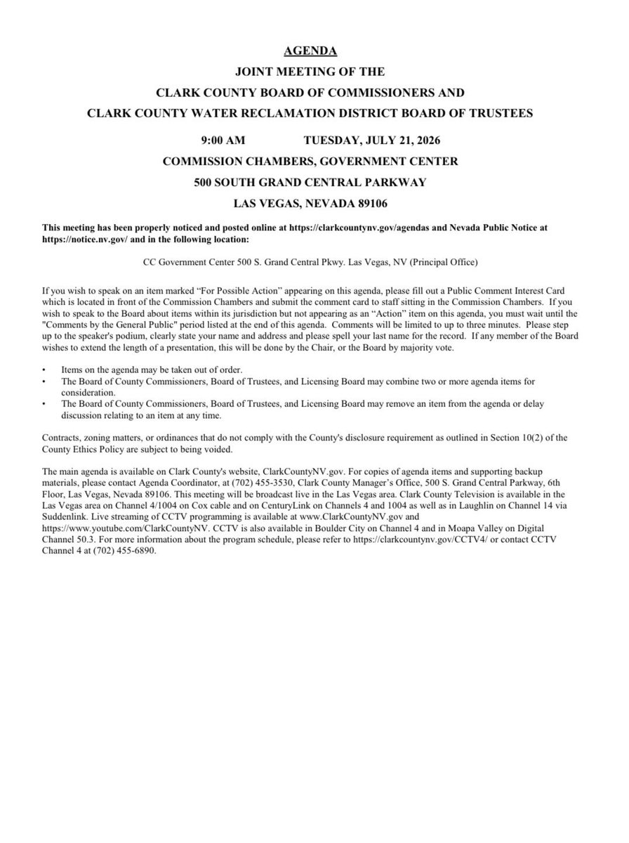 Commishbecker's tweet photo. The Clark County Commission meets Tuesday, July 21st at 9:00 AM in the Commission Chambers at the Government Center.

📺 Watch live:
• https://t.co/y0xJ5FrolD
• Clark County Television (CCTV)
• YouTube: ClarkCountyNV https://t.co/YmUAZYYwb9