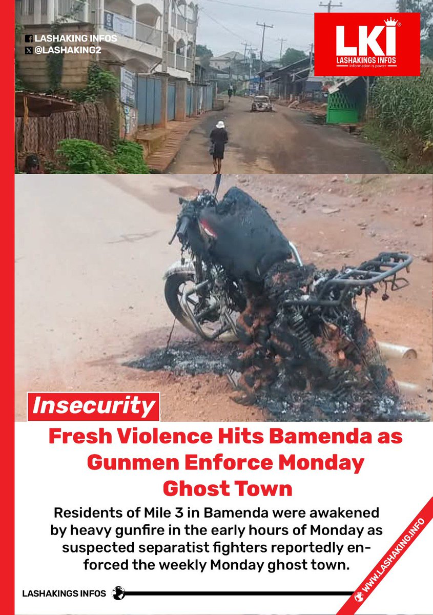 LASHAKING2's tweet photo. Fresh Violence Hits Bamenda as Gunmen Enforce Monday Ghost Town

Residents of Mile 3 in Bamenda were awakened by heavy gunfire in the early hours of Monday as suspected separatist fighters reportedly enforced the weekly Monday ghost town.
#lashakinginfos https://t.co/VUjY0x6J8N