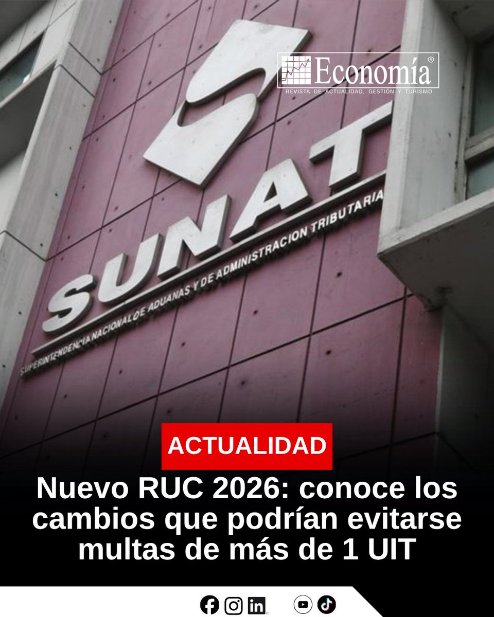 EconomiaRevista's tweet photo. 📢 Atención contribuyentes. Más de 11 millones de personas deberán actualizar o confirmar los datos de su RUC ante la SUNAT.
#SUNAT #RUC #Tributos #TransformaciónDigital #SeguridadDigital #Perú #Contribuyentes #Economía #Innovación #TrámitesDigitales
https://t.co/0Ii6E5H58m https://t.co/jRYxmlUkFL