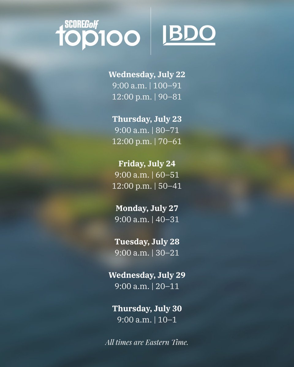 SCOREGolf's tweet photo. Get ready!
The countdown of the 2026 SCOREGolf Top 100 Golf Courses in Canada ranking presented by BDO Canada is almost here.
Our editor, @jasonscoregolf, will reveal the list in 10 blocks of 10 courses from Wednesday, July 22, through Thursday, July 30, from one of the most beautiful layouts in Canada.
Will your favourite course make the grade? Find out soon!