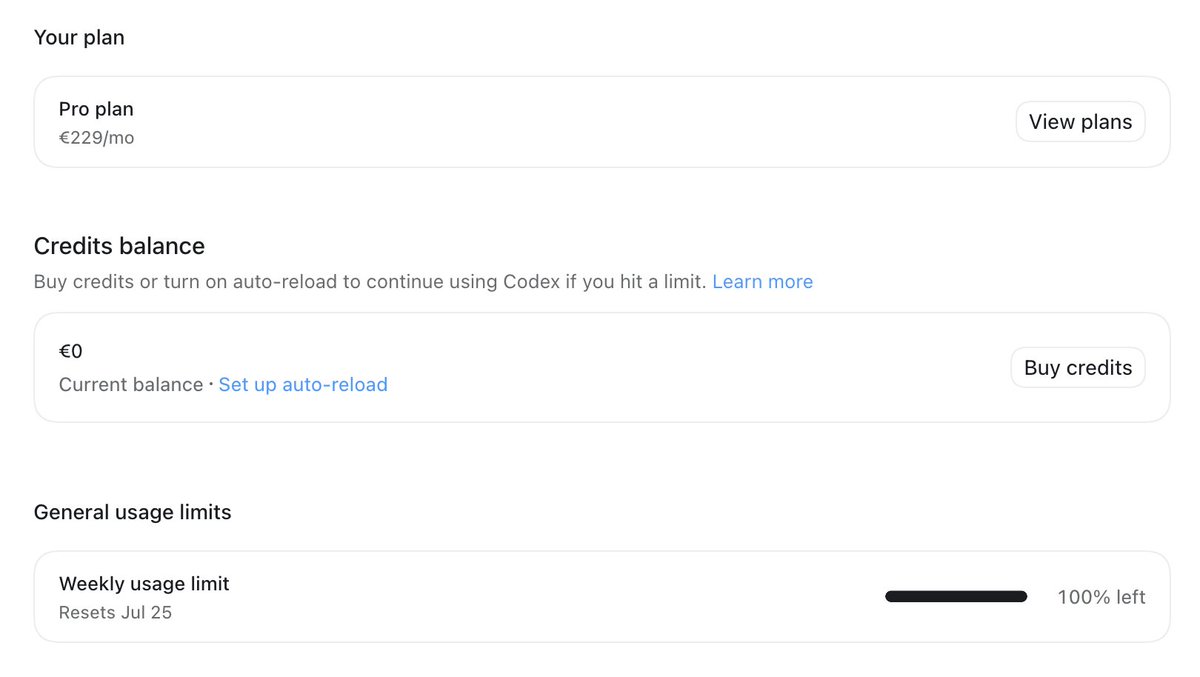 afonsojramos's tweet photo. Can someone explain to me how the weekly limits work on @OpenAI @OpenAIDevs? I've hit my limit last week and it seems to only renew on the 25th??? Also, please put the renewal date on the web too. https://t.co/T4AriMn7sf