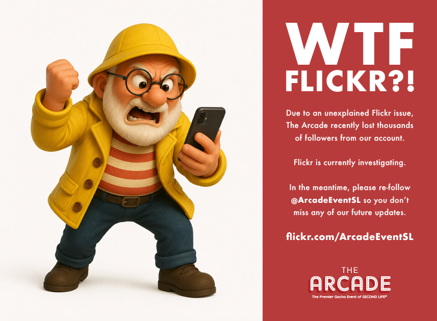 ArcadeEventSL's tweet photo. We’re not thrilled... 😤

Flickr unexpectedly removed thousands of our followers, so we’d really appreciate a re-follow while they investigate:

https://t.co/RTl9QfNpEw

Also find us on 𝗙𝗮𝗰𝗲𝗯𝗼𝗼𝗸, 𝗣𝗿𝗶𝗺𝗳𝗲𝗲𝗱, 𝗜𝗻𝘀𝘁𝗮𝗴𝗿𝗮𝗺, 𝗮𝗻𝗱 𝗫: @𝗔𝗿𝗰𝗮𝗱𝗲𝗘𝘃𝗲𝗻𝘁𝗦𝗟 https://t.co/wHfJDxGlIs
