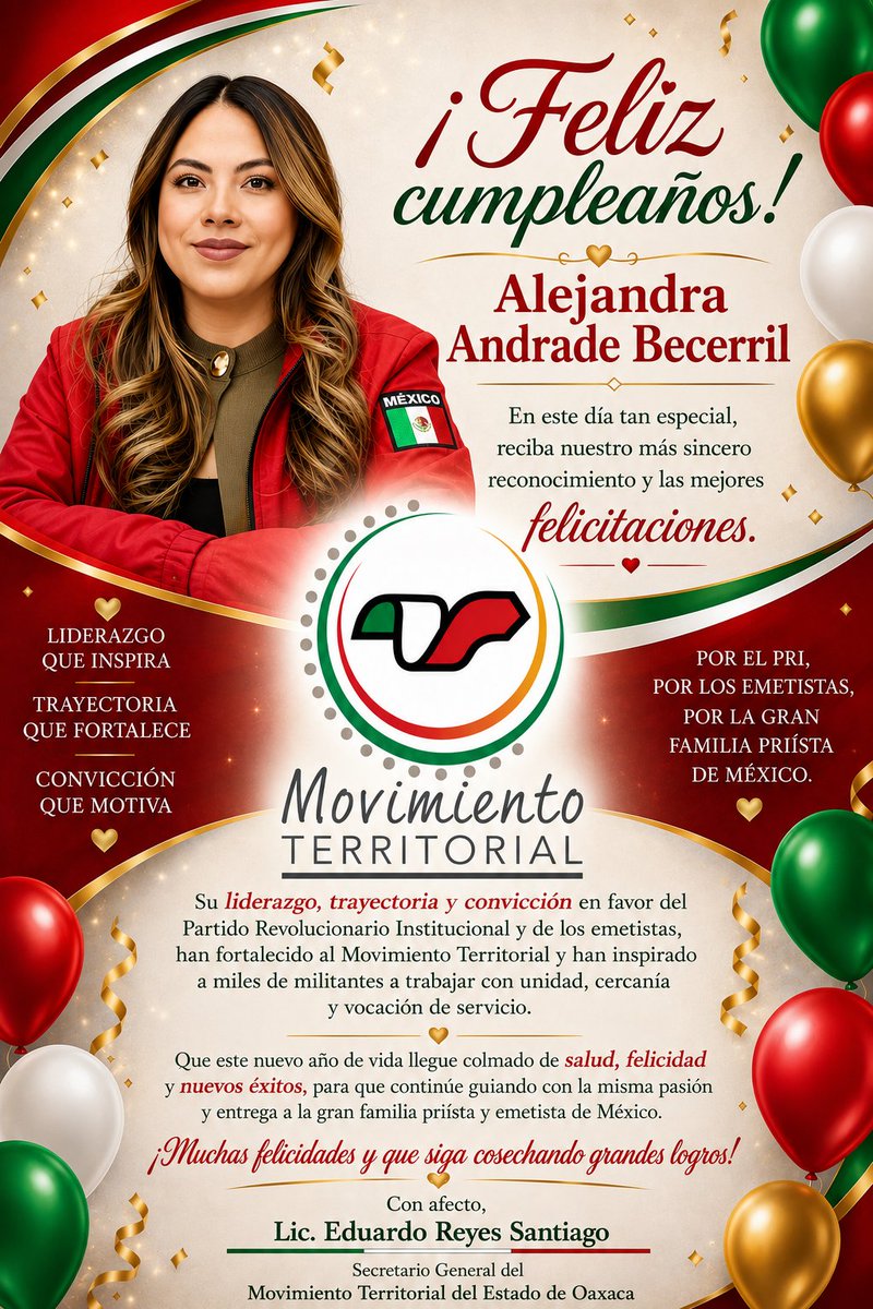 MTOaxaca_2025's tweet photo. A nombre de la Familia Emetista de #Oaxaca, felicitamos cordialmente a nuestra Dirigente Nacional @ale_anbec con motivo de su cumpleaños, deseando que este nuevo año llegue colmado de salud, alegría y éxitos, muchas felicidades!!!
#MovimientoTerritorial https://t.co/IrCgco0SW4