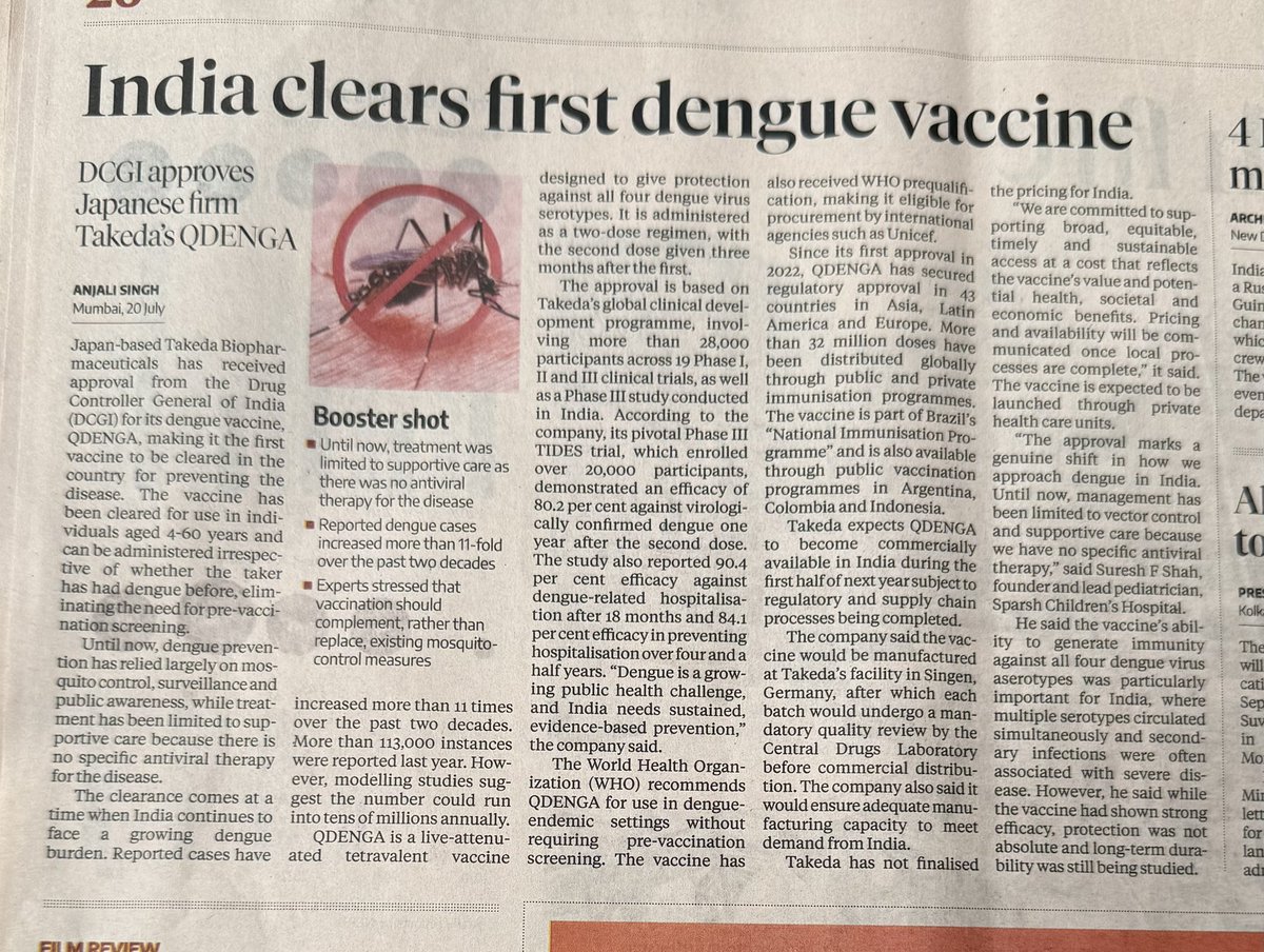 iamrakeshbansal's tweet photo. Big Health News for India! 💉
India has approved its first dengue vaccine called QDenga by Japanese company Takeda.
The Drug Controller General of India (DCGI) cleared it for people aged 4-60 years. It is a two-dose vaccine that protects against all four types of dengue virus.
This is a major step as dengue cases are rising fast. It will help prevent the disease better than before.
https://t.co/yyVlVGZPDl