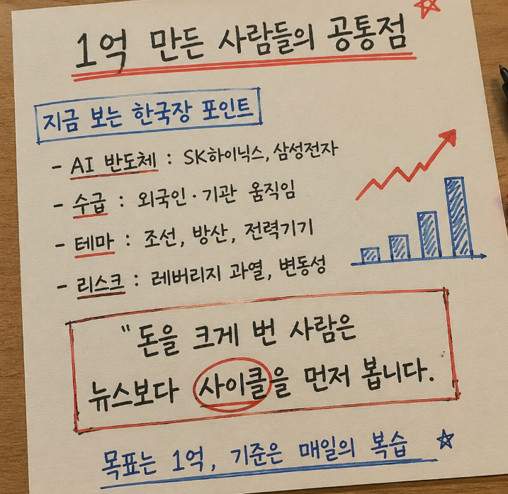 UOOMOO's tweet photo. 주식으로 1억을 만들고 싶다면,
지금 시장에서 봐야 할 건 딱 하나입니다.

“어떤 종목이 오르냐”보다
“돈이 어디로 몰리고 있냐”입니다.

요즘 한국장은 여전히 반도체가 중심입니다.
삼성전자, SK하이닉스는 단순한 개별주가 아니라
코스피 전체 분위기를 움직이는 축에 가깝습니다.

여기에 조선, 방산, 전력기기, AI 관련주까지
돈이 이동하는 흐름을 같이 봐야 합니다.

1억은 하루에 만들어지는 숫자가 아닙니다.
하지만 시장의 주도 섹터를 매일 복습하고,
외국인·기관 수급을 확인하고,
과열 구간에서 욕심을 줄이는 사람은
결국 남들보다 오래 살아남습니다.

주식에서 큰돈을 버는 사람은
뉴스를 늦게 따라가는 사람이 아니라,
사이클을 먼저 읽는 사람입니다.