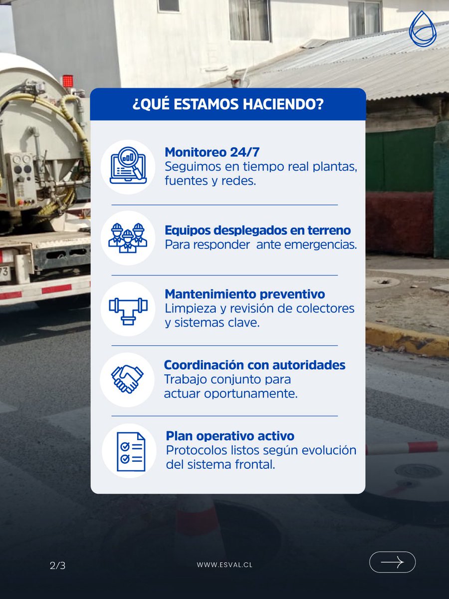_ESVAL's tweet photo. 🌧️💧Volvieron las lluvias a nuestra Región y en #Esval seguimos desplegados 24/7 con monitoreo permanente, equipos en terreno y labores preventivas para resguardar la continuidad del servicio. Recuerda nuestros canales de contacto:
📞 600 600 60 60 | 📲WhatsApp +56 9 9900 0336 https://t.co/ljiuZMKP3d