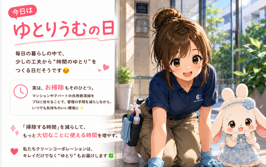 cleancorpration's tweet photo. 🧹✨今日は「ゆとりうむの日」✨

毎日の暮らしの中で、
少しの工夫から“時間のゆとり”をつくる日だそうです😊
実は、お掃除もそのひとつ。

#企業公式相互フォロー　＃企業公式が朝の挨拶を言い合う https://t.co/cGU9orqZaR
