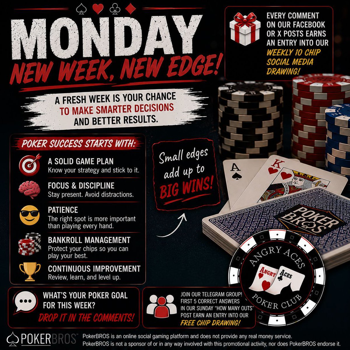 AngryAcesPoker's tweet photo. ♠️ MONDAY – NEW WEEK, NEW EDGE ♠️

A fresh week means a fresh opportunity to improve.

What's one poker goal you're working toward this week?

#PokerBros #Poker #MondayMotivation https://t.co/PANfgxCb0J