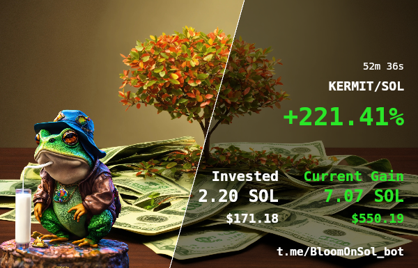 thigpin95688's tweet photo. 🚨 Trade Profit Tracker 🚨

🔔 KERMIT/SOL

Trade Faster and Copy Free with Bloom Bot #BloomBot #CryptoTrading #DeFi https://t.co/VFmDrnCXom

🗂 CA: 7BbxHk7qbQXpg9n6oJJdbRtjkRvjhLkw6u2GnA9wpump

💰 Profit: 221.41% | ⏱️ Time: 52m 36s

💸 Invested: 2.20 SOL | 💰 Gained: 7.07 SOL https://t.co/SrmZDzxuPC