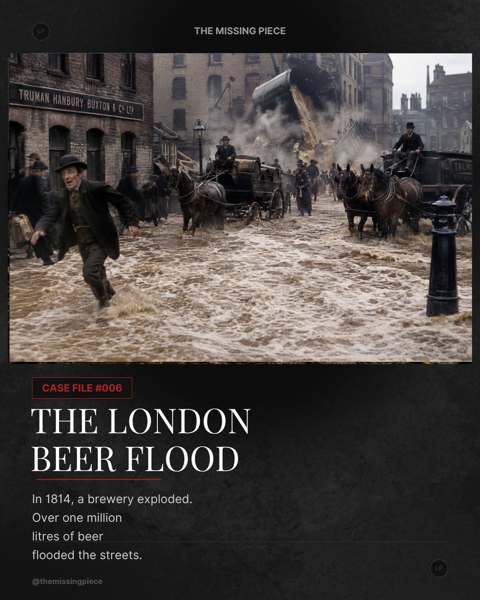 MissingPieceHQ's tweet photo. In 1814, a brewery vat burst in London.

More than one million litres of beer flooded nearby streets.

It's one of history's strangest industrial disasters. https://t.co/7Qn68dkOWe