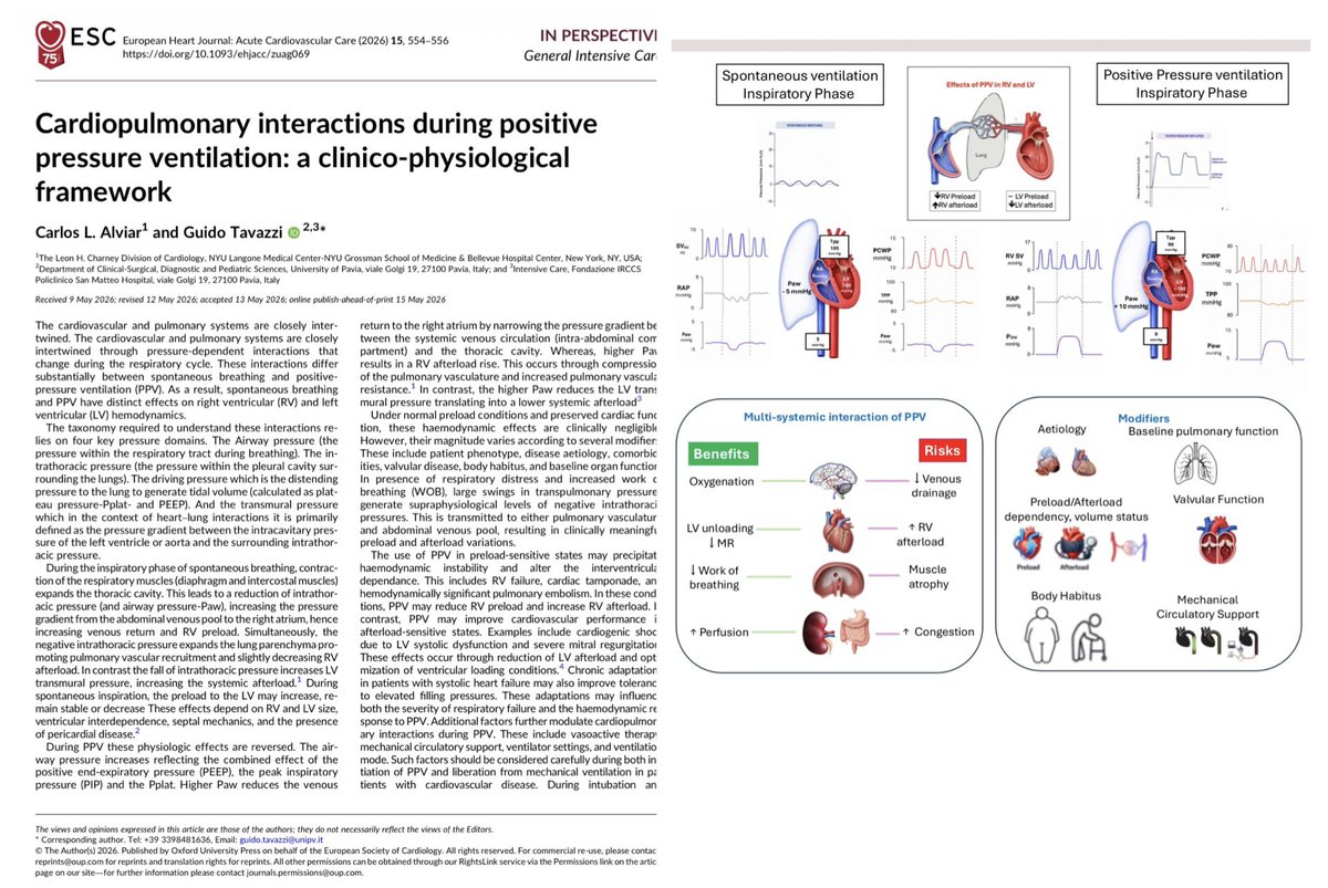 DrCriticalCare's tweet photo. Interacción cardiopulmonar 

Durante la inspiración espontánea:
✅Disminuye la presión intratorácica.
✅Aumenta el gradiente de retorno venoso.
✅Incrementa la precarga del ventrículo derecho.
✅Disminuye discretamente la poscarga del VD por reclutamiento vascular pulmonar.
✅Aumenta la presión transmural del VI, incrementando su poscarga.

Ventilación con presión positiva

Durante la inspiración con VPP ocurre el fenómeno opuesto:

Sobre el ventrículo derecho

✅Disminuye el retorno venoso.
✅Disminuye la precarga.
✅Aumenta la resistencia vascular pulmonar.
✅Incrementa la poscarga del VD.

Sobre el ventrículo izquierdo

✅Disminuye la presión transmural.
✅Disminuye la poscarga sistémica.
✅Facilita la eyección ventricular.

Situaciones donde la VPP puede ser perjudicial

La VPP puede precipitar inestabilidad hemodinámica en pacientes dependientes de precarga, como:

❌Falla ventricular derecha.
❌Taponamiento cardíaco.
❌Tromboembolia pulmonar masiva.

En estas condiciones reduce aún más la precarga del VD y aumenta su poscarga, favoreciendo el deterioro del gasto cardíaco. 

Situaciones donde la VPP es beneficiosa

En pacientes dependientes de poscarga, la VPP mejora el desempeño cardiovascular:

✅Choque cardiogénico por disfunción sistólica del VI.
✅Insuficiencia mitral grave.
✅Edema agudo pulmonar cardiogénico