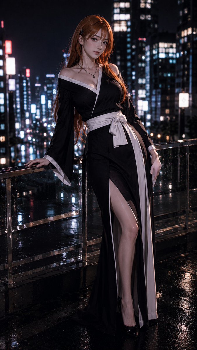 DracoVibeCoding's tweet photo. BLEACH girls~夜间时尚大片
---
请生成8张独立9:16图片（不要拼接成一张）：
比例：9:16
风格：半写实二次元东京夜景时尚大片 + 霓虹柔焦与湿地面反射 + 杂志编辑摄影感（night fashion editorial，不是平面插画）
主题：死神女角色夜间时尚大片——一人一图竖版，共八人
人物形象须与其在原作动漫中的形象高度一致，关键发型/发色/五官气质/标志特征清晰可辨，避免换成认不出的路人脸。
女性角色细节：韩系女神感，高亮牛奶肌，detailed skin texture & pores & moles，眼睛大而清透。
人物（全部来自 BLEACH / 死神，每张一个角色，共8人，明确成年，东亚审美）：
1) 朽木露琪亚（黑短发）
2) 井上织姬（橙长发）
3) 松本乱菊（金发）
4) 四枫院夜一（大姐气场）
5) 碎蜂（利落短发）
6) 卯ノ花烈（长黑发温柔）
7) 涅音梦（粉发）
8) 虎彻勇音（短发）
服装：黑白死霸装色系的高定夜出装（西装裙/露肩黑裙/短皮衣），清凉大胆但非色情非擦边；适合公开平台。
姿态：站立或倚栏，酷感，不要性暗示。
构图：七分或全身，夜景浅景深
约束：仅死神；半写实夜景编辑；可识别；禁止国旗/旭日；无大段可读文字