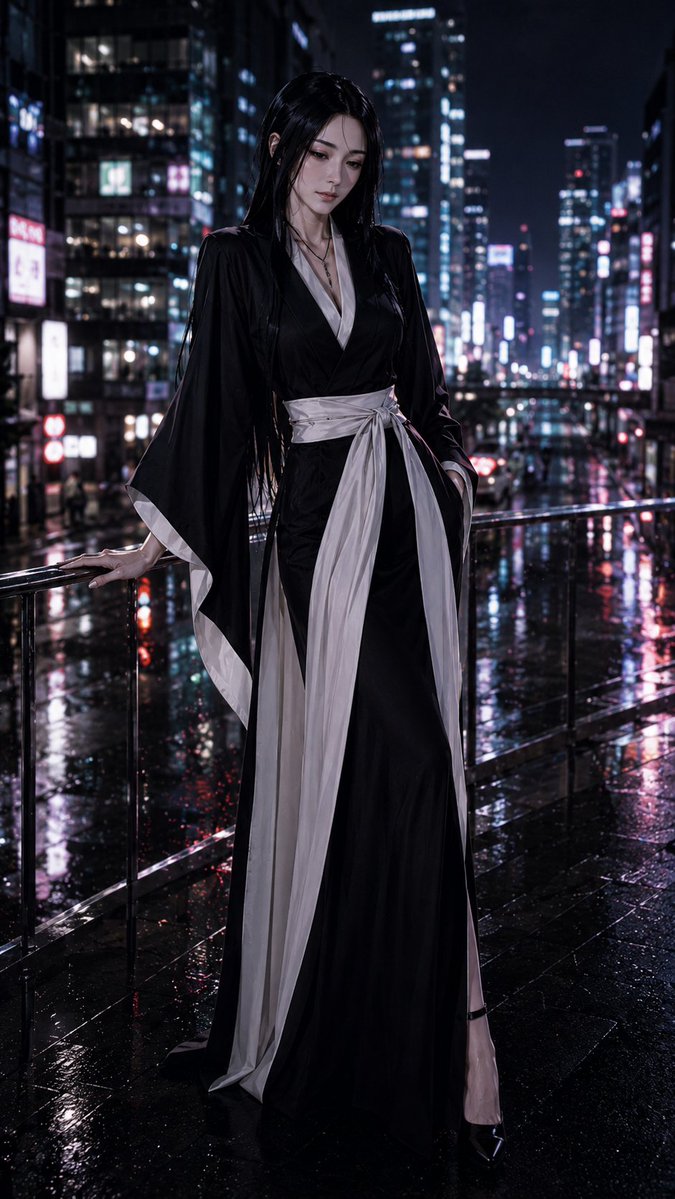 DracoVibeCoding's tweet photo. BLEACH girls~夜间时尚大片
---
请生成8张独立9:16图片（不要拼接成一张）：
比例：9:16
风格：半写实二次元东京夜景时尚大片 + 霓虹柔焦与湿地面反射 + 杂志编辑摄影感（night fashion editorial，不是平面插画）
主题：死神女角色夜间时尚大片——一人一图竖版，共八人
人物形象须与其在原作动漫中的形象高度一致，关键发型/发色/五官气质/标志特征清晰可辨，避免换成认不出的路人脸。
女性角色细节：韩系女神感，高亮牛奶肌，detailed skin texture & pores & moles，眼睛大而清透。
人物（全部来自 BLEACH / 死神，每张一个角色，共8人，明确成年，东亚审美）：
1) 朽木露琪亚（黑短发）
2) 井上织姬（橙长发）
3) 松本乱菊（金发）
4) 四枫院夜一（大姐气场）
5) 碎蜂（利落短发）
6) 卯ノ花烈（长黑发温柔）
7) 涅音梦（粉发）
8) 虎彻勇音（短发）
服装：黑白死霸装色系的高定夜出装（西装裙/露肩黑裙/短皮衣），清凉大胆但非色情非擦边；适合公开平台。
姿态：站立或倚栏，酷感，不要性暗示。
构图：七分或全身，夜景浅景深
约束：仅死神；半写实夜景编辑；可识别；禁止国旗/旭日；无大段可读文字
