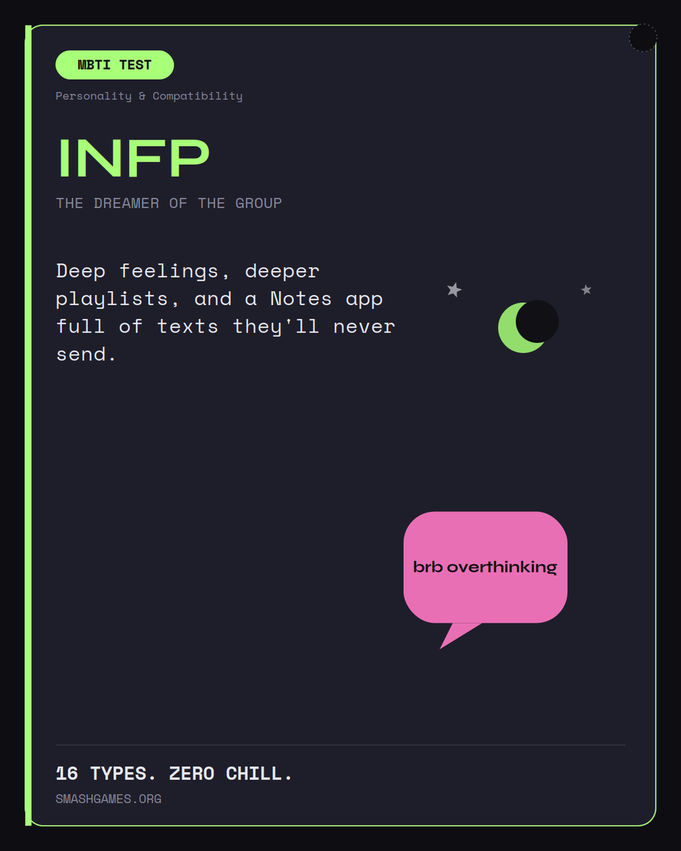 SmashGamesX's tweet photo. Curious what type of MBTI personality you are?
Get your free reading. 
https://t.co/Oezrq7vrAD https://t.co/rRTpbHLe3j