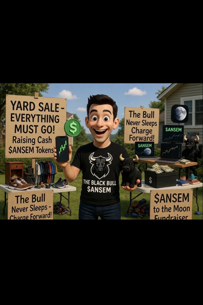 Israel_1King's tweet photo. Just held the biggest yard sale of my life so I could stack more $ANSEM 🐂 Everything must go — grandma’s couch, my PS5, even my dignity 😂 The Black Bull charges forward no matter what!

Who else is selling their soul for the next moon? 

@blknoiz06 @BullpenFi @MarketBubble

#ANSEM #TheBlackBull #Solana #MemeCoin #Crypto #YardSale #BullRun #MondayMotivation