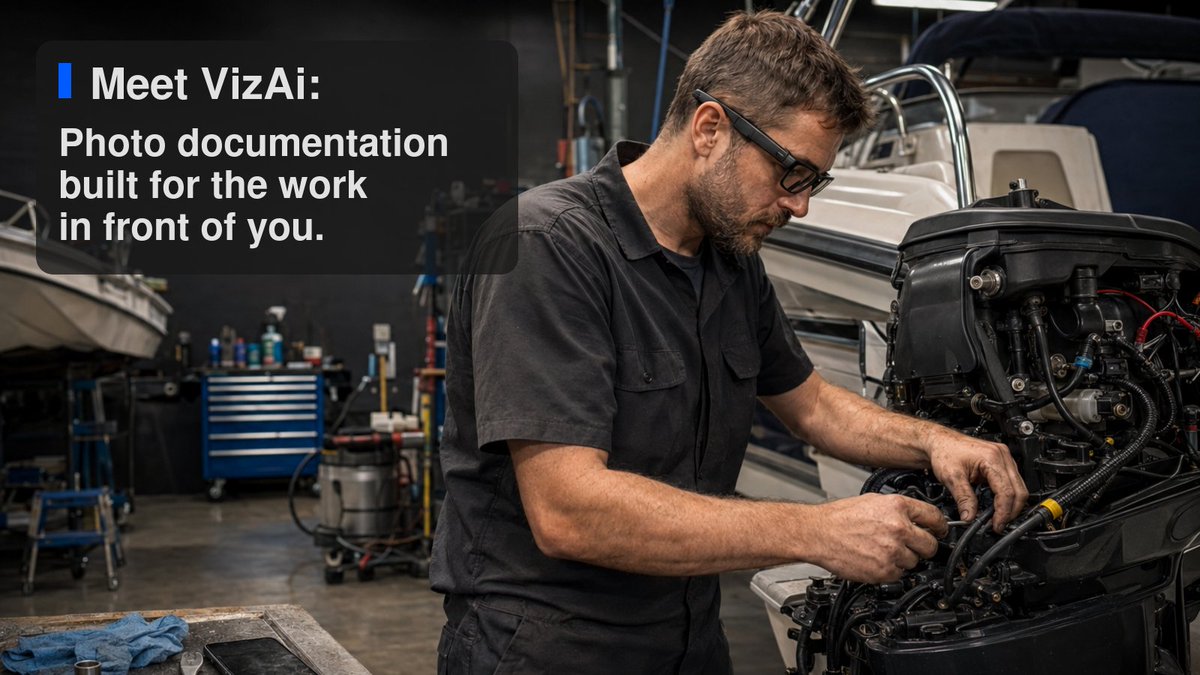 vizaitech's tweet photo. VizAi is building camera-enabled smart glasses for service technicians. Trigger a job photo by voice or shutter button. It syncs straight to the dealership’s job line. No continuous recording necessary.

Join the waitlist through the link in our bio. https://t.co/3ngu2lGm08