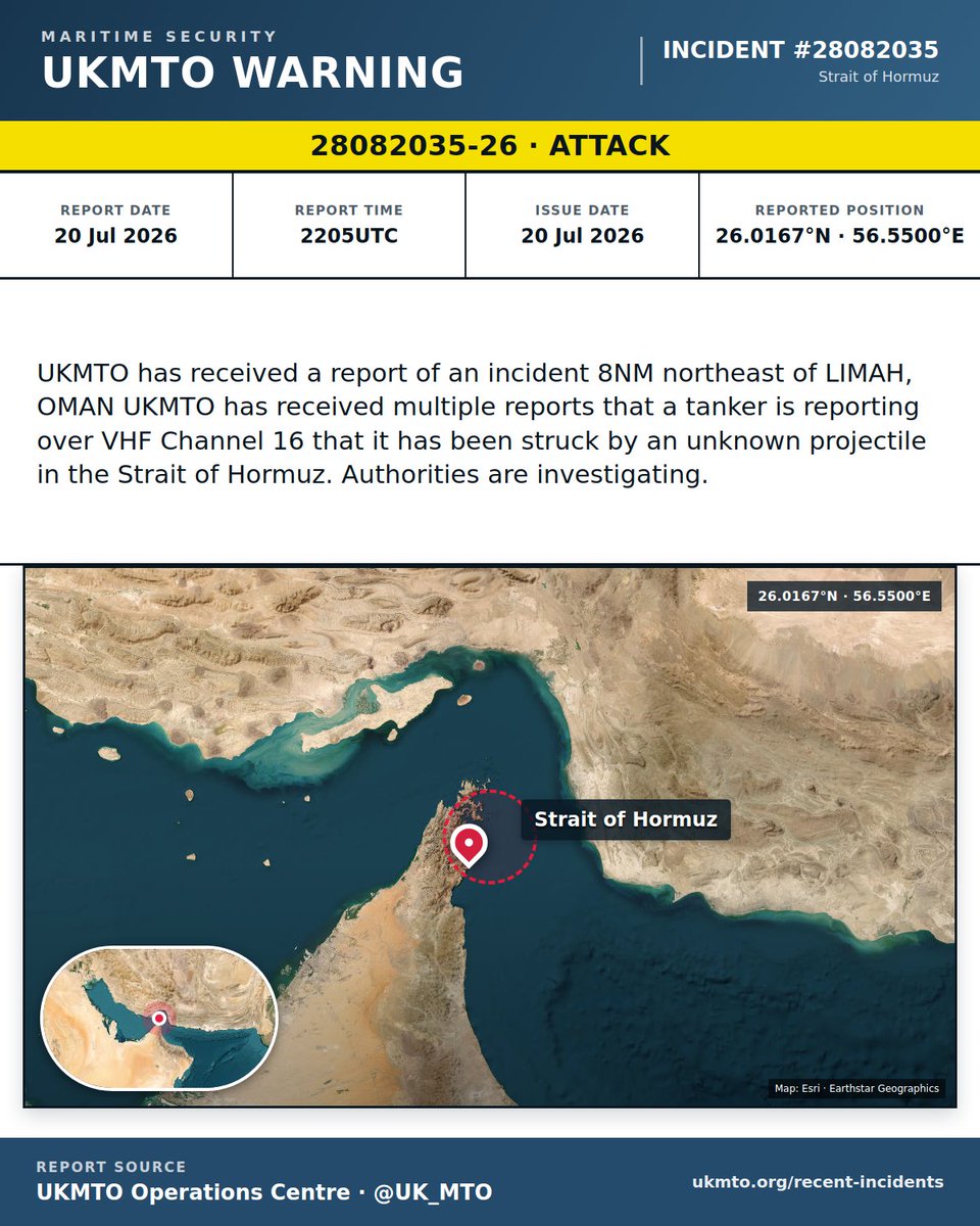 Worldsource24's tweet photo. BREAKING: Another vessel has been targeted in the Strait of Hormuz.

UKMTO has received a report of an incident 8NM northeast of LIMAH, Oman.

UKMTO has received multiple reports that a tanker is reporting over VHF Channel 16  that it has been struck by an unknown projectile in the Strait of Hormuz.