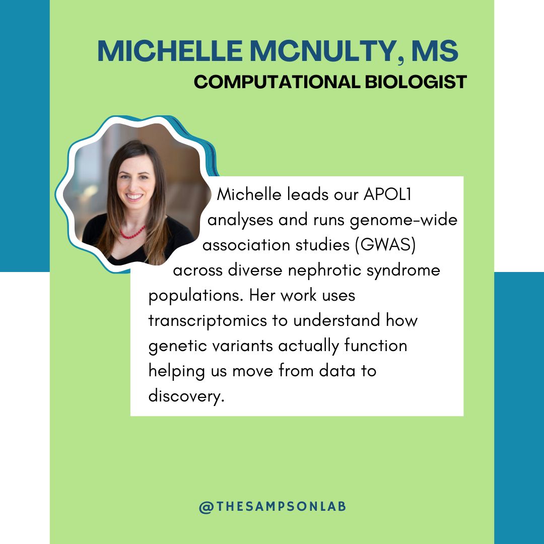 TheSampsonLab's tweet photo. Shoutout to Michelle McNulty, MS, a computational biologist, stats expert, and a driving force behind our kidney disease genetics research 🧬 We're lucky to have her on the team. 💙 #StaffSpotlight #TeamScience #KidneyResearch #Bioinformatics #Sampsonlab https://t.co/g7A9O6fnYc